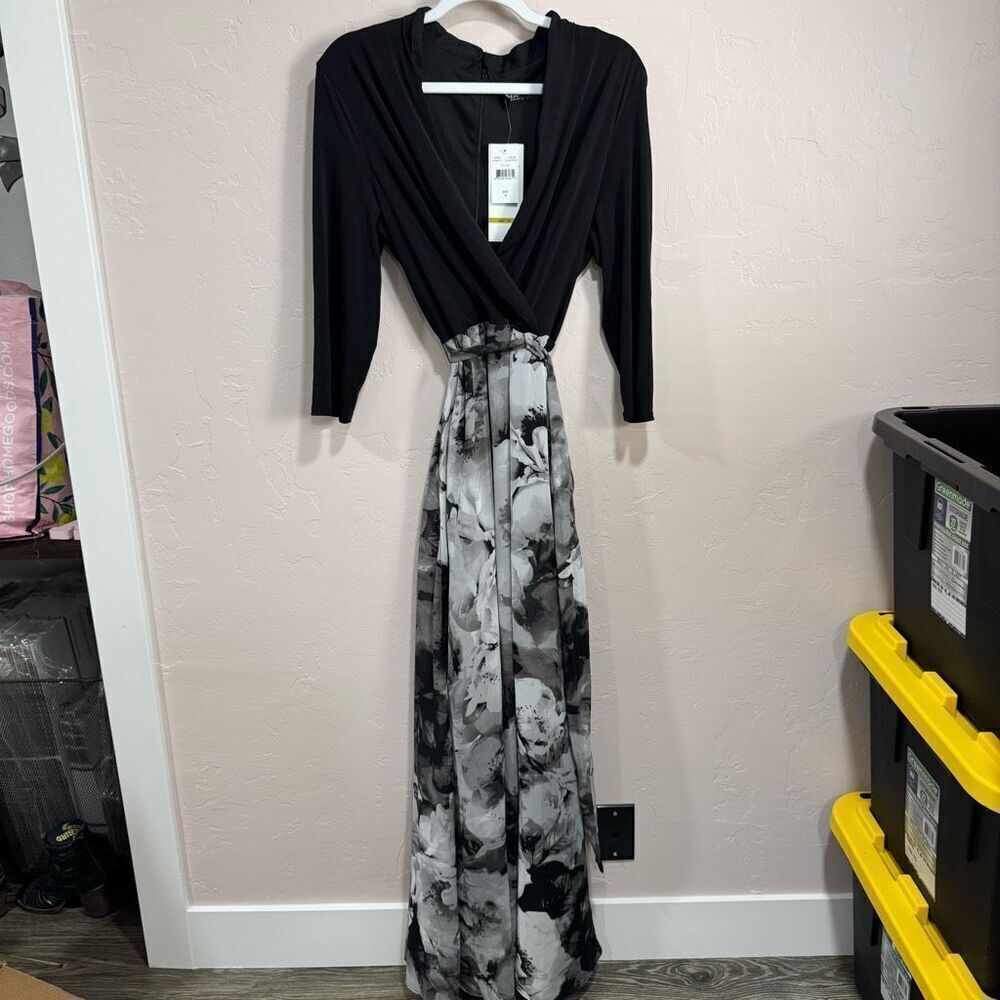 Chetta B Maxi Dress Solid Black Bodice with Floral Print Skirt